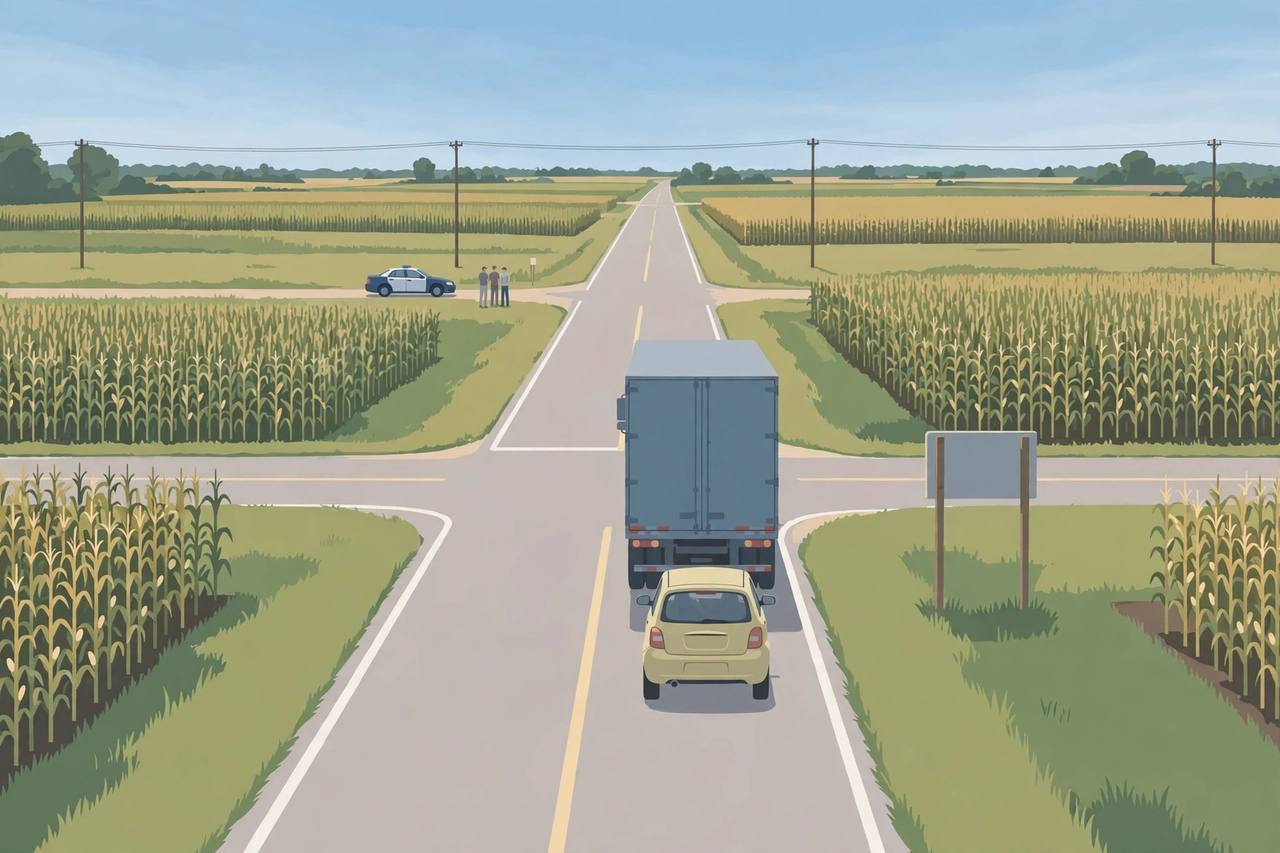 Editorial illustration of a rural Indiana highway intersection with a semi truck stopped behind a small car and cornfields on both sides; no crash depicted