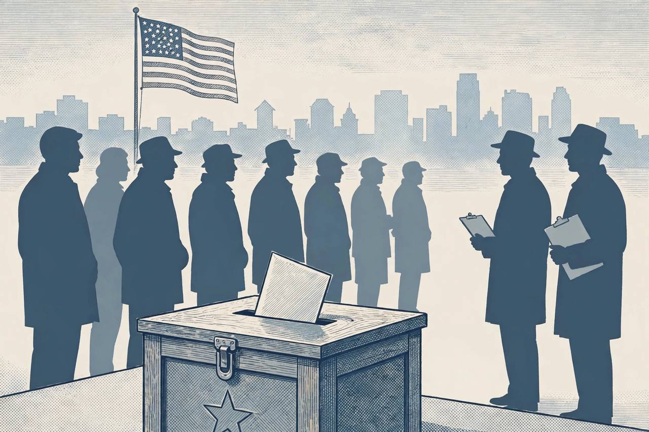 Editorial illustration of a polling place with a ballot box, generic voters in line and two generic observers with clipboards watching from the side, an American flag and a city skyline behind, flat style, no real person depicted