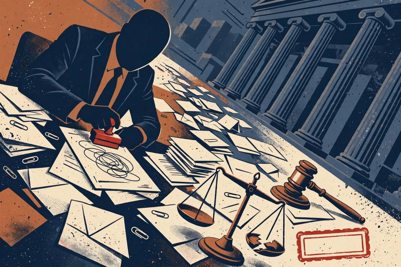 Editorial illustration of a generic suited figure stamping fake legal documents at a cluttered desk, with a forged signature, a broken scale of justice, a gavel and courthouse columns