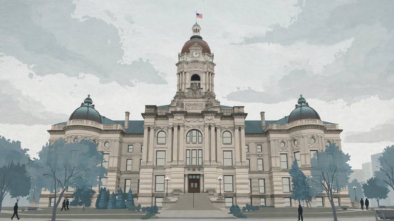 Editorial illustration of a quiet Indiana courthouse exterior on a calm overcast day; generic silhouetted figures only, no real person is depicted and the incident itself is not shown