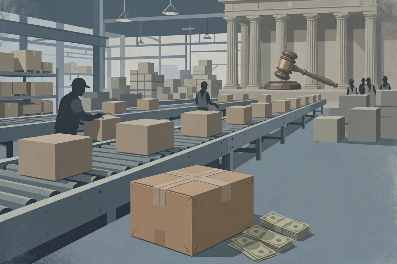 Editorial illustration of a parcel sorting warehouse with a conveyor of cardboard boxes, a courthouse column and a judge's gavel in the background
