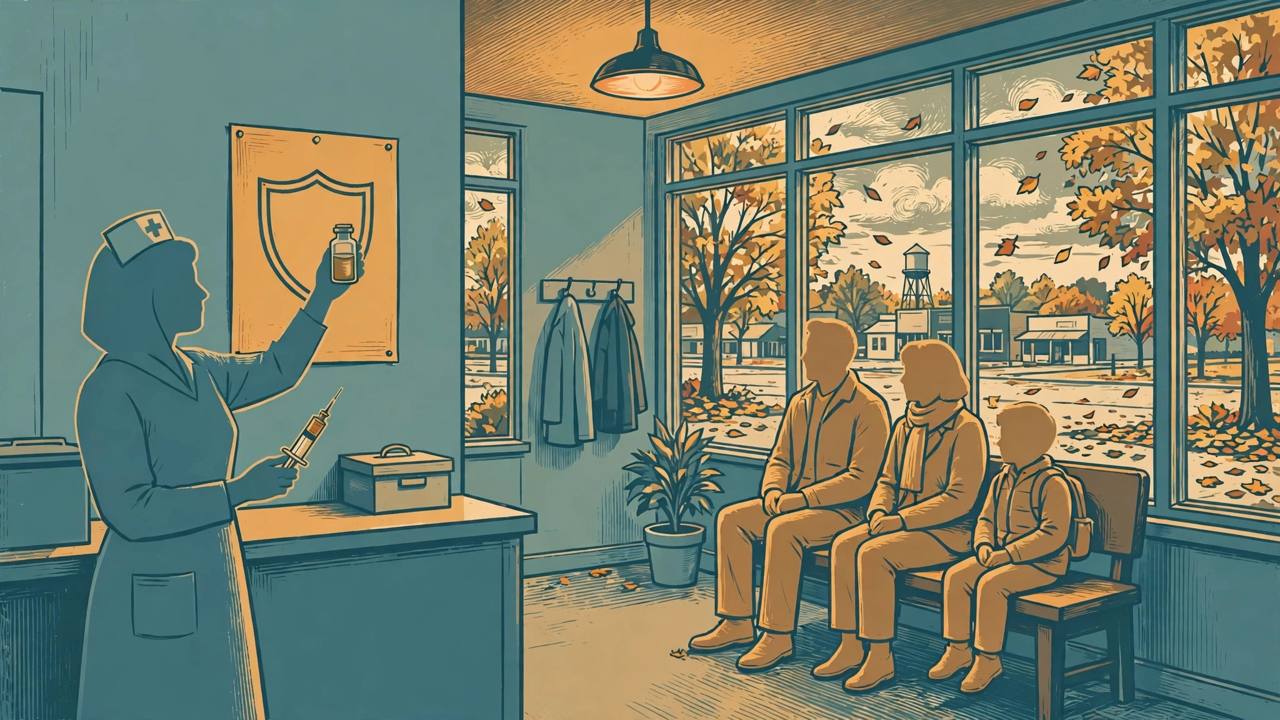 Editorial illustration of a nurse holding a flu vaccine vial in a calm Midwest clinic, with a family waiting at a respectful distance