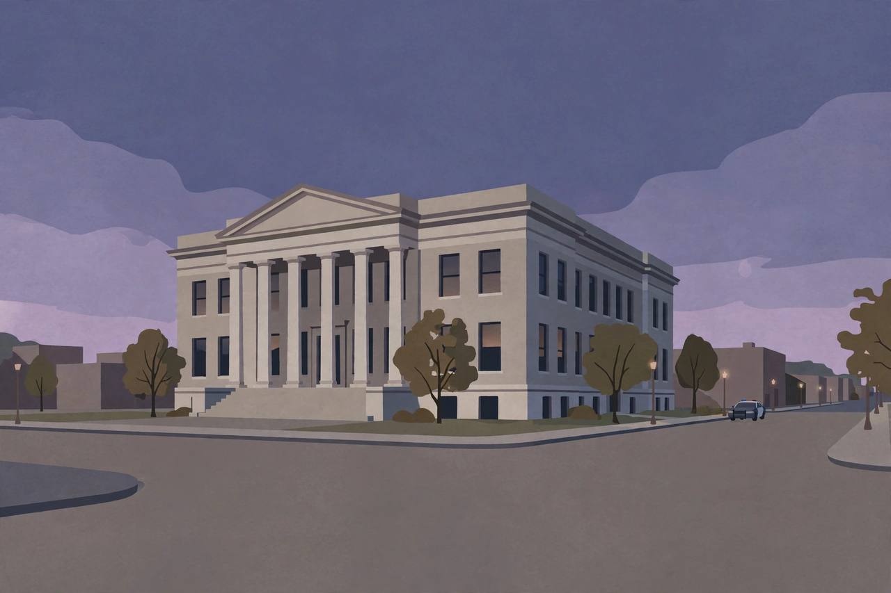 Editorial illustration of a generic federal office building with columns at dusk in Indiana, empty street, flat style, no people, no text