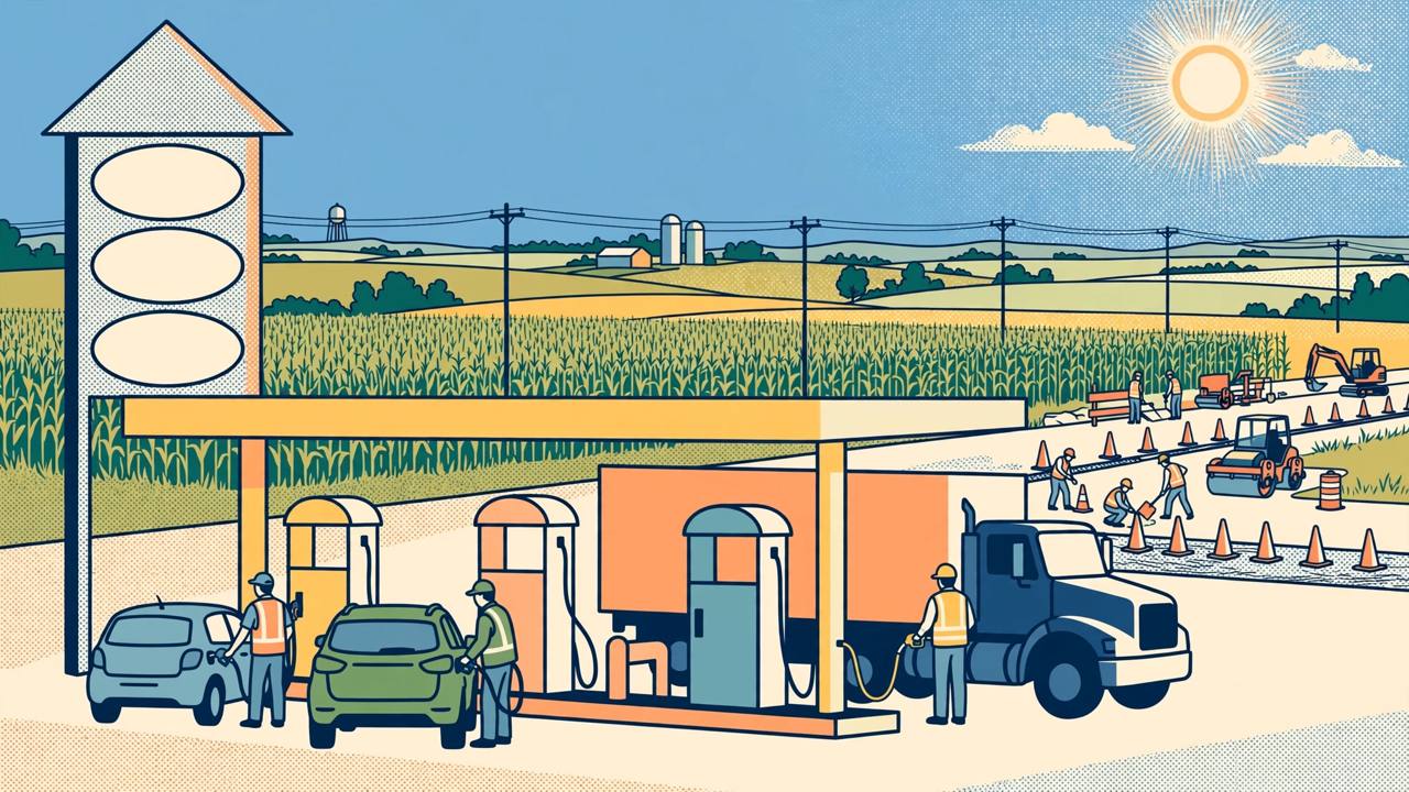 Editorial illustration of fuel pumps, cars and a semi truck at an Indiana gas station with a road repair crew