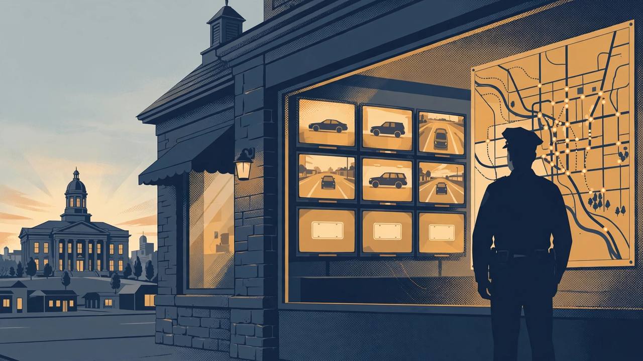 Editorial illustration of a generic small-town Indiana police station with a license-plate camera screen wall and a courthouse in the background, flat style, no real person depicted