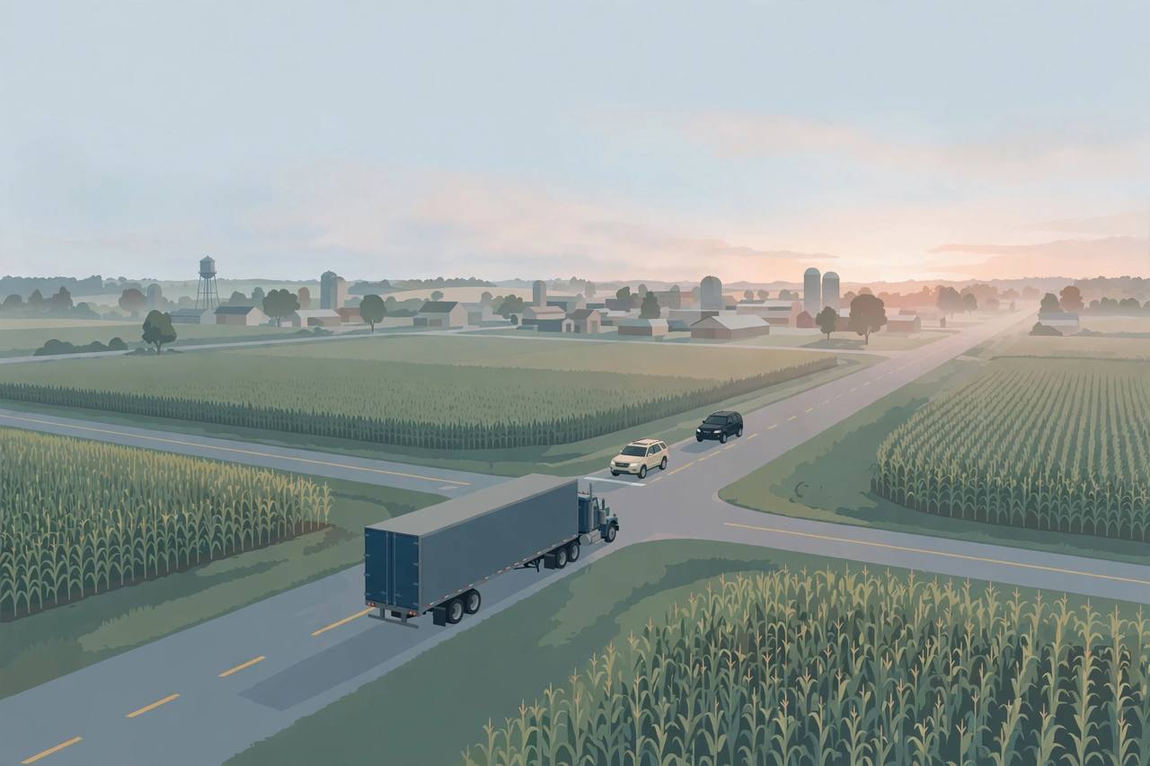 Editorial illustration of a semi-tractor-trailer stopped at a rural Indiana highway intersection at dawn, with a light SUV stopped behind it, a dark SUV approaching, and cornfields and a small town in the background