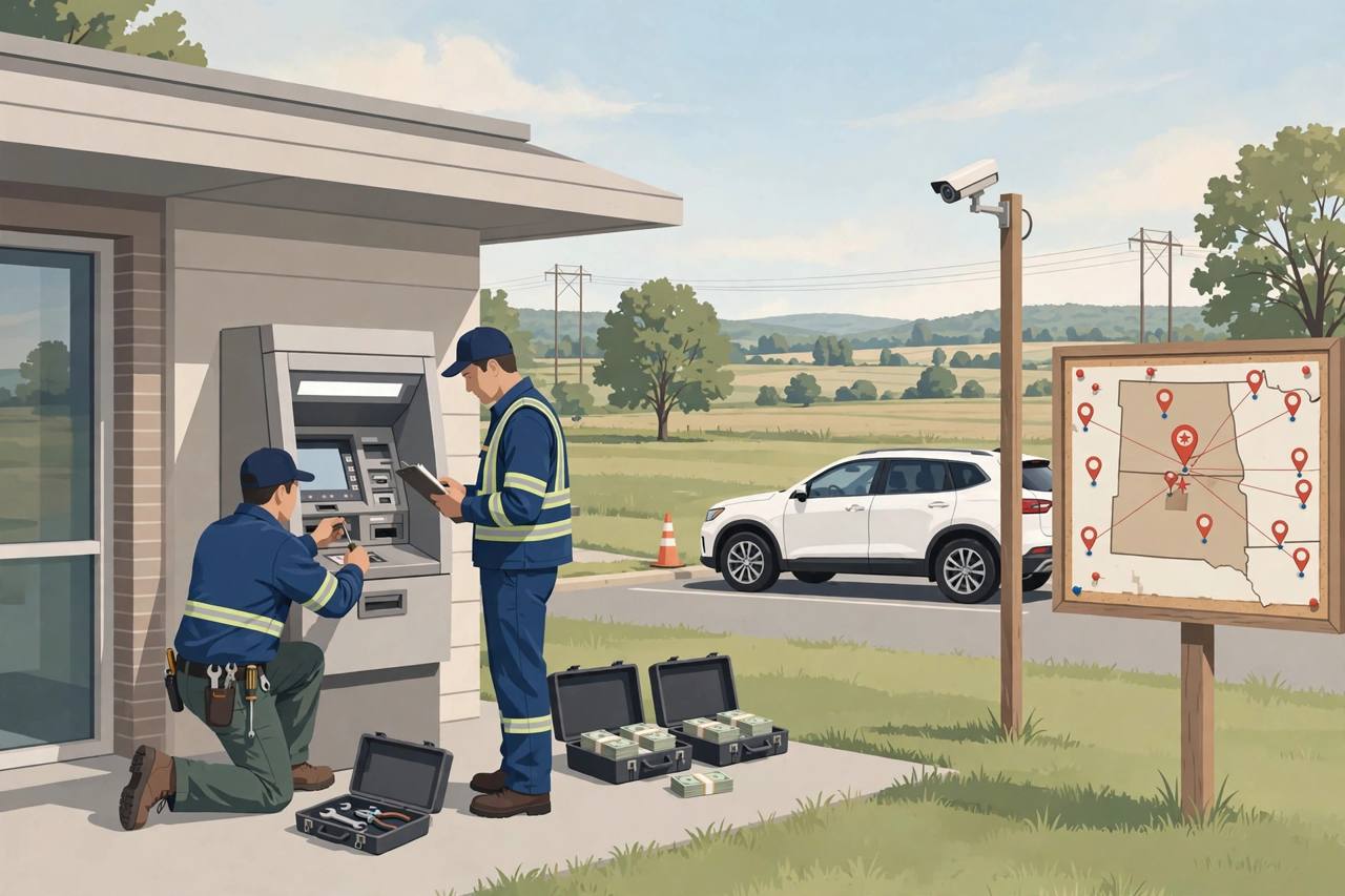 Editorial illustration of two ATM service technicians servicing an outdoor credit union ATM with cash cassettes and a white SUV nearby