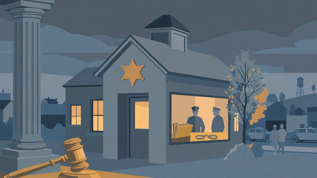 Editorial illustration of a small-town Indiana sheriff's office and courthouse at dusk with a badge emblem and gavel