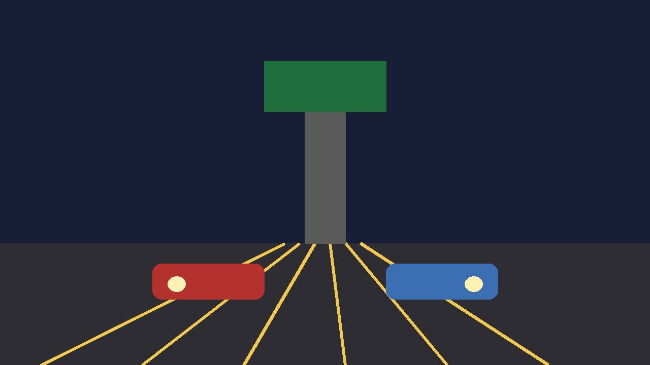 Editorial illustration of a generic night highway with two cars facing opposite directions, flat style, no real person