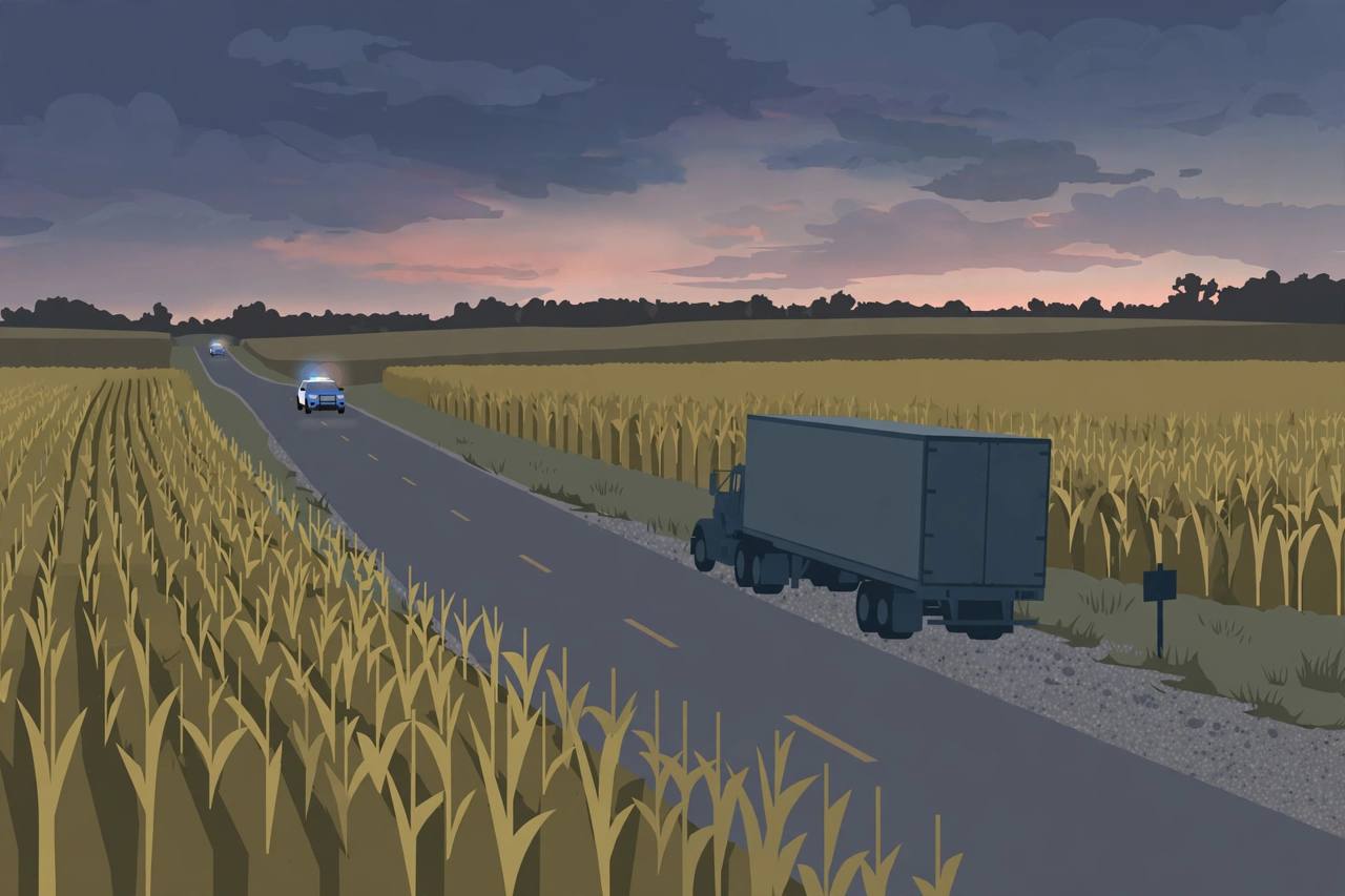 Editorial illustration of a rural Indiana two-lane road at dusk with a semi tractor-trailer stopped at the roadside and a state police car in the distance