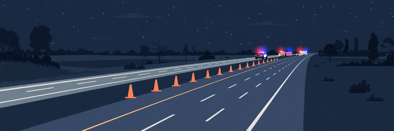 Editorial illustration of a closed interstate highway at night in Indiana with cones and emergency lights, flat style, no real person