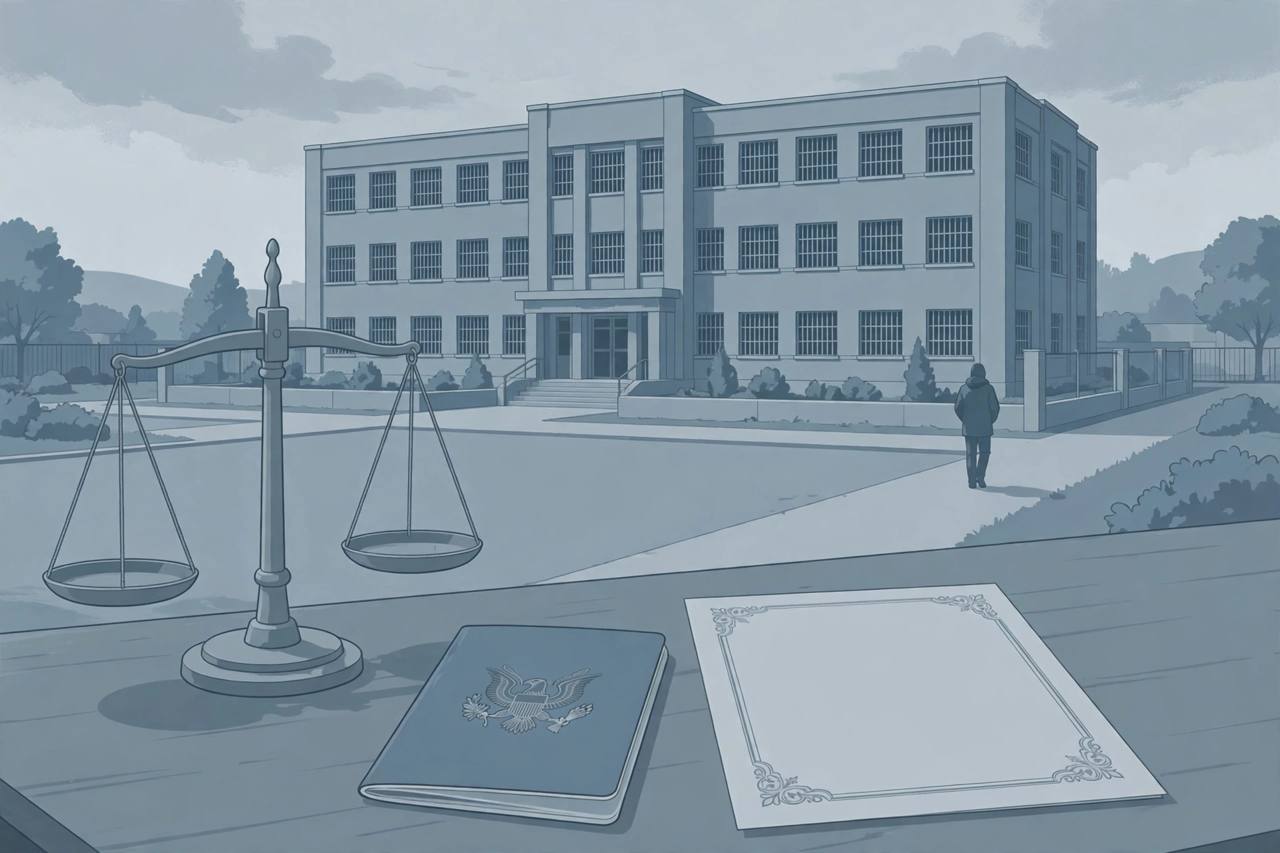 Editorial illustration of a generic detention building, a passport booklet, a document and scales of justice, flat style, no real person