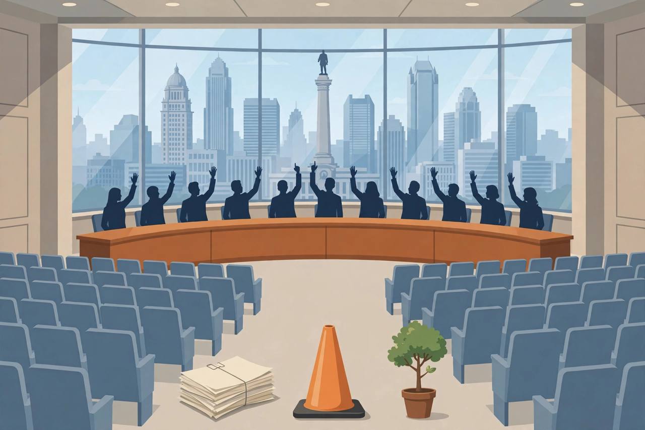 Editorial illustration of a generic city council chamber and downtown skyline in Indianapolis, flat style, no text, no real person or place depicted