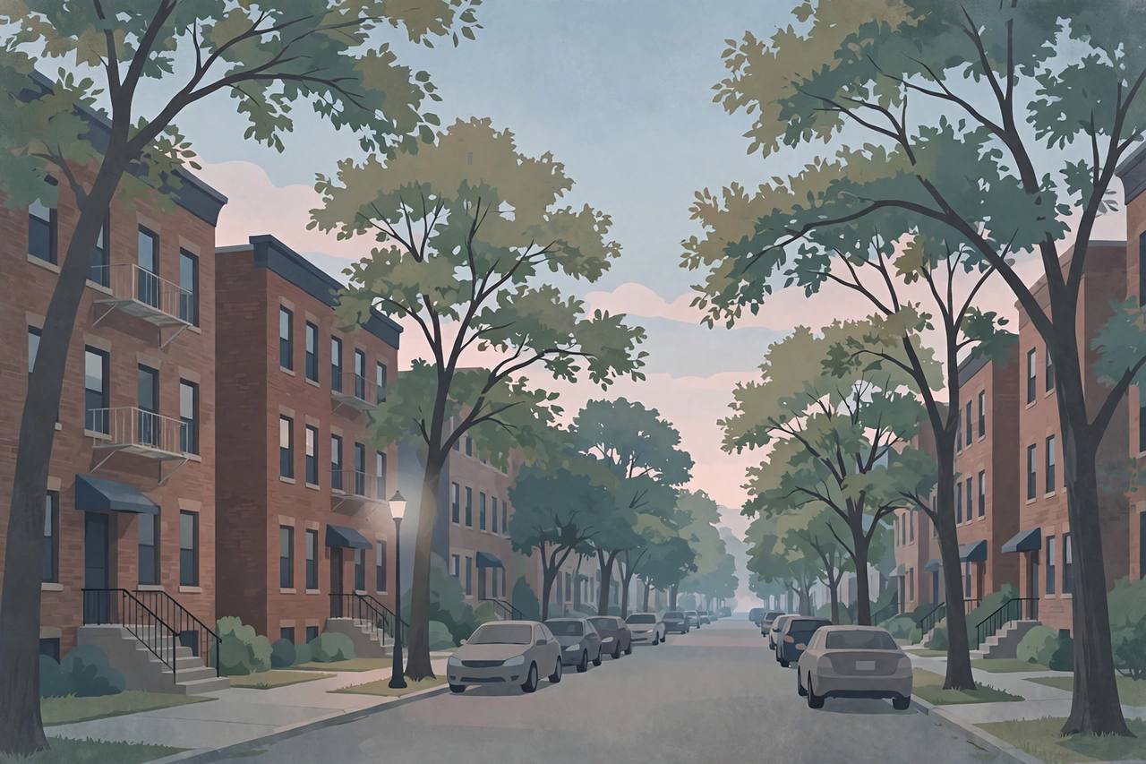 Editorial illustration of a residential apartment neighborhood in Indianapolis at dawn; the shooting itself is not depicted