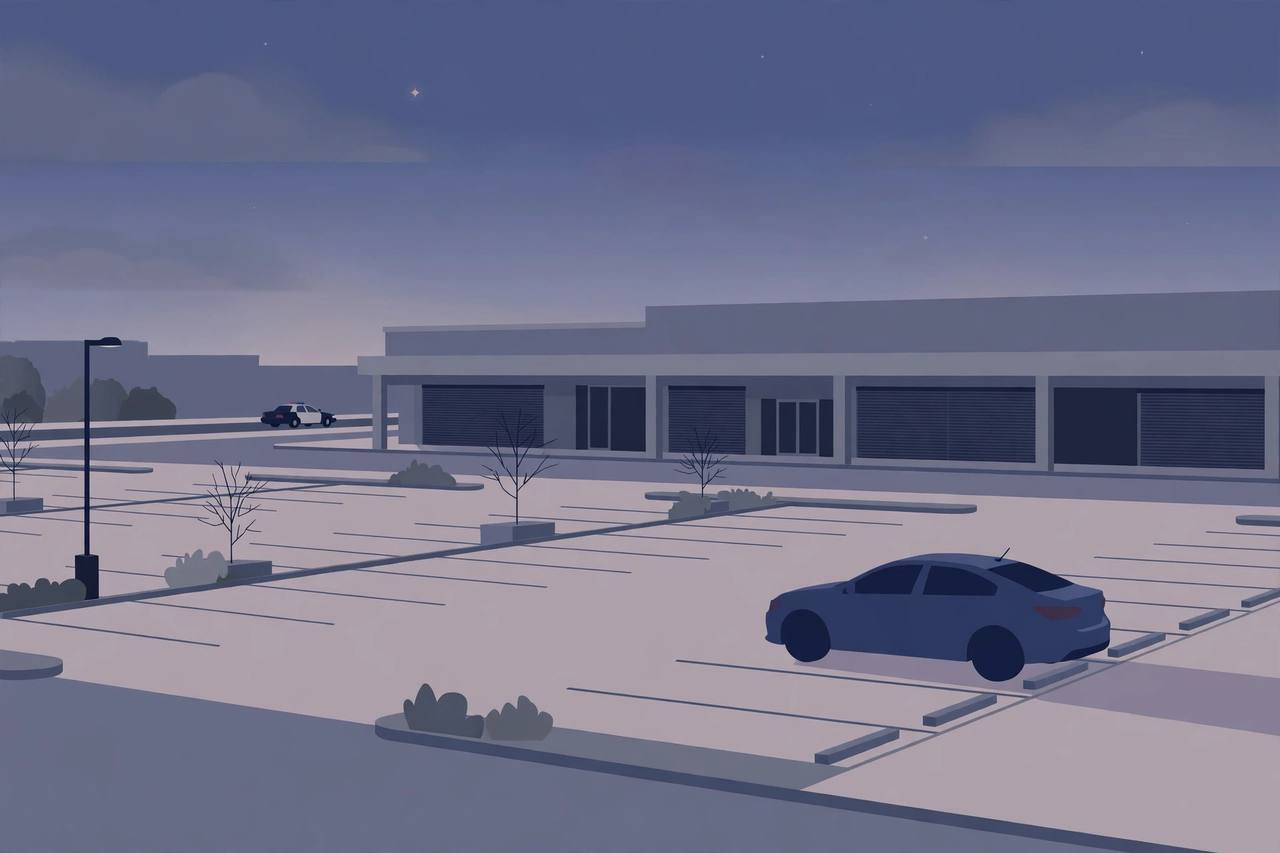 Editorial illustration of a quiet Indianapolis shopping-center parking lot at dusk, flat style, no real person depicted and the shooting itself is not shown
