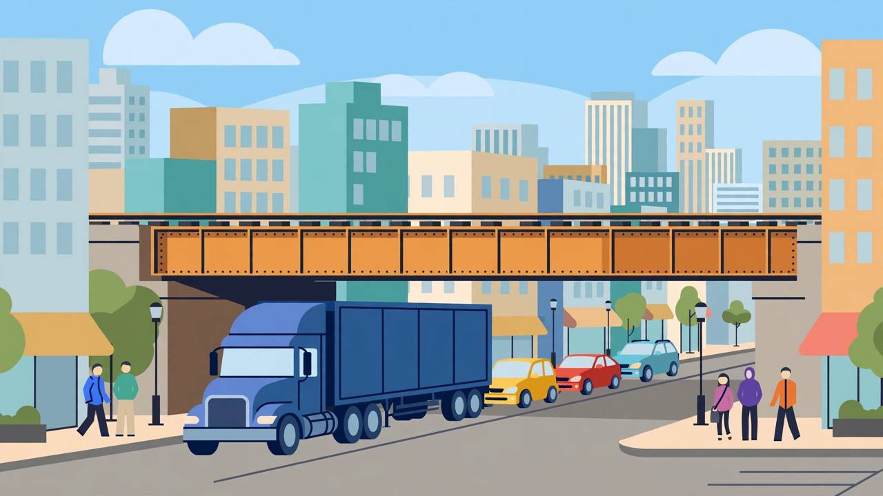 Editorial illustration of a semi-truck stopped before a low railroad bridge on a downtown street, flat style, generic figures, no text