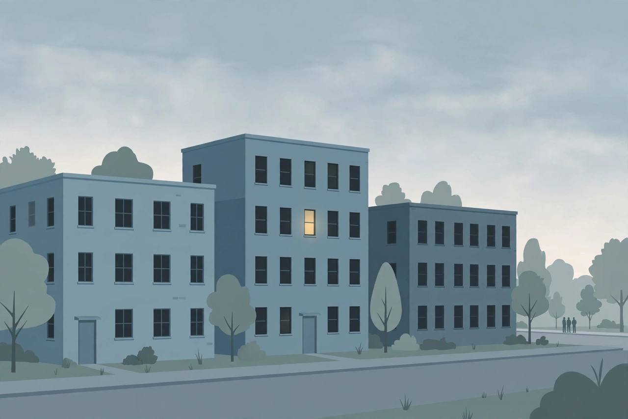 Editorial illustration of a quiet apartment neighbourhood in Indianapolis at early morning, flat style, no real person or incident depicted