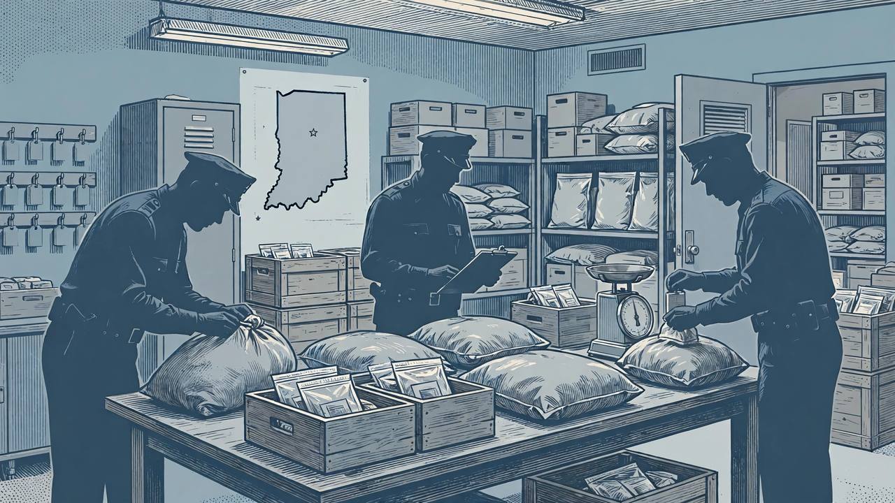 Editorial illustration of generic police officers examining sealed evidence sacks and crates in an evidence room; no real person's face, no text