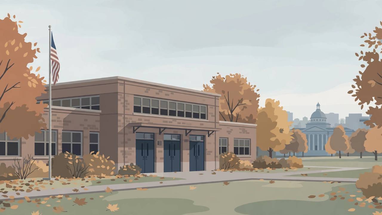 Editorial illustration of an empty school building in autumn with no people shown