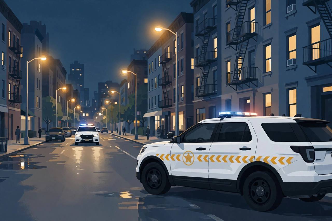 Editorial illustration of a marked Indianapolis police patrol SUV parked at night on a city street near apartment buildings