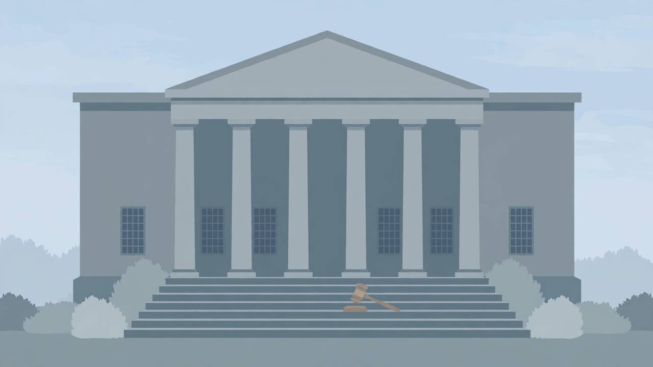 Editorial illustration of a plain federal courthouse building with columns and a gavel, flat style, no people or faces