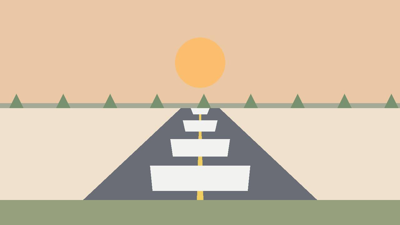 Editorial illustration of an empty generic two-lane highway at dawn, flat style, no vehicles, no people, no crash scene and no text — no actual place or person is depicted