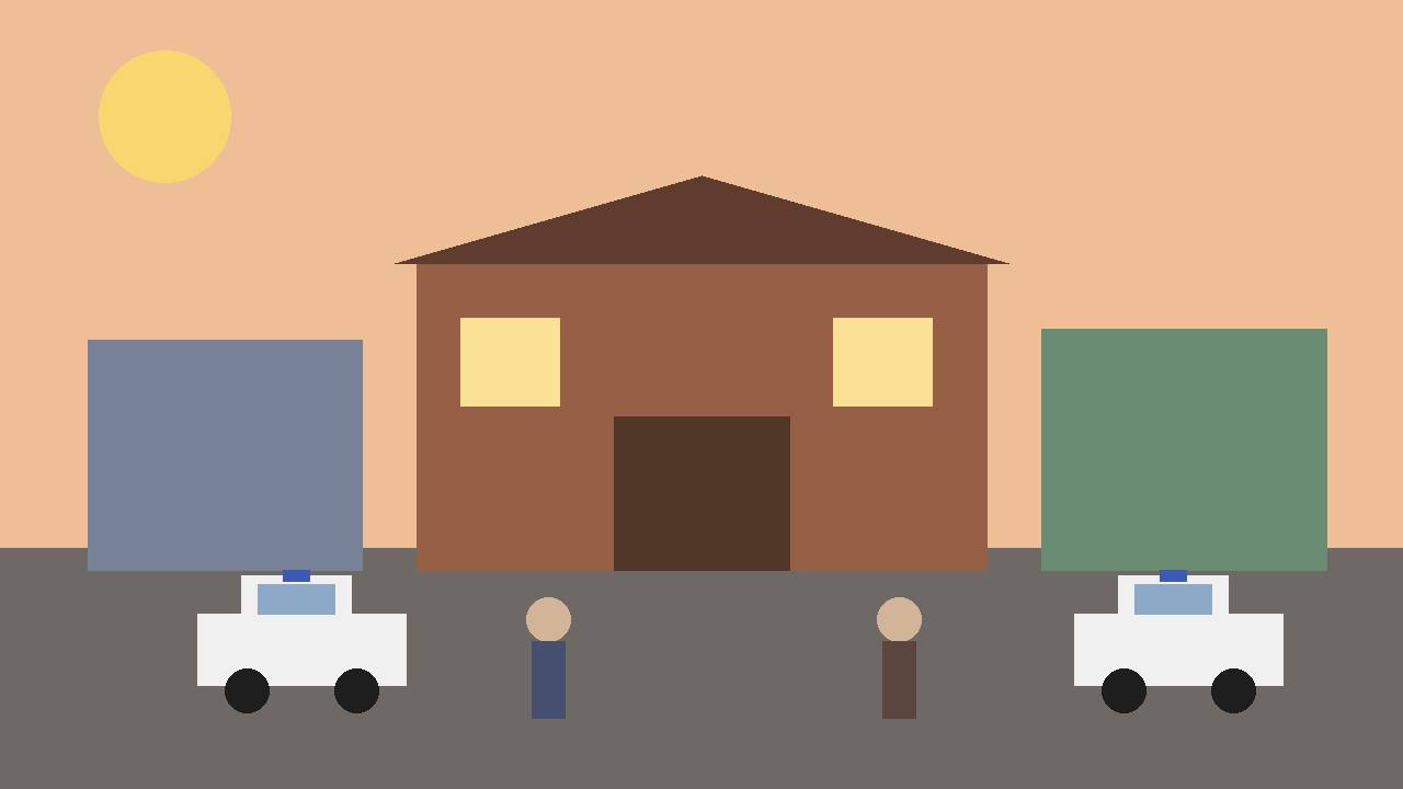 Editorial illustration of a generic small-town tavern street at dawn with generic police vehicles, flat style, no text, no real person or place depicted
