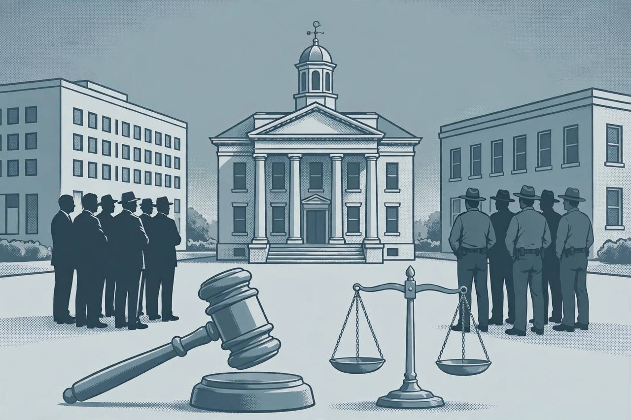 Editorial illustration of a county courthouse with a gavel and balance scales in the foreground and generic silhouetted officials on either side, flat style, no real person depicted