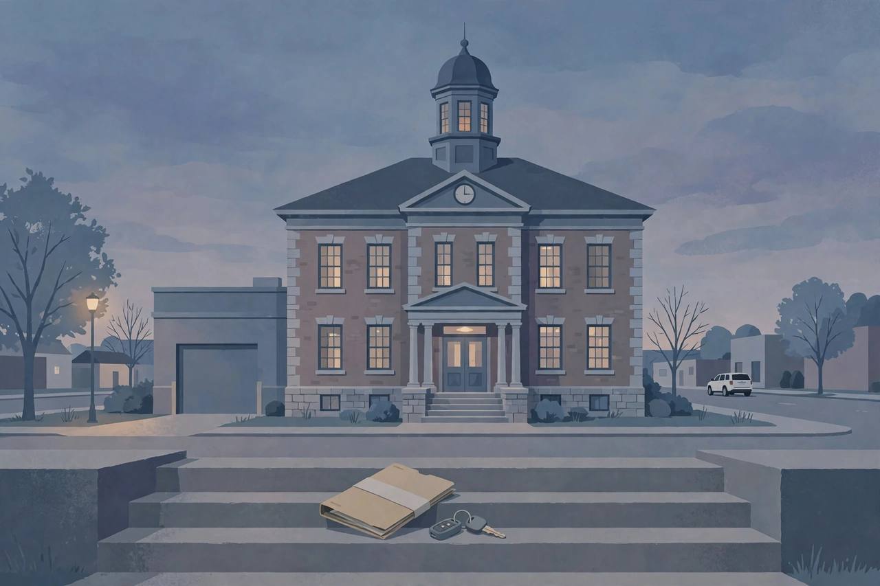 Editorial illustration of a quiet Indiana courthouse and police headquarters at dusk in Muncie, with a folded case file on the steps, no person or incident depicted
