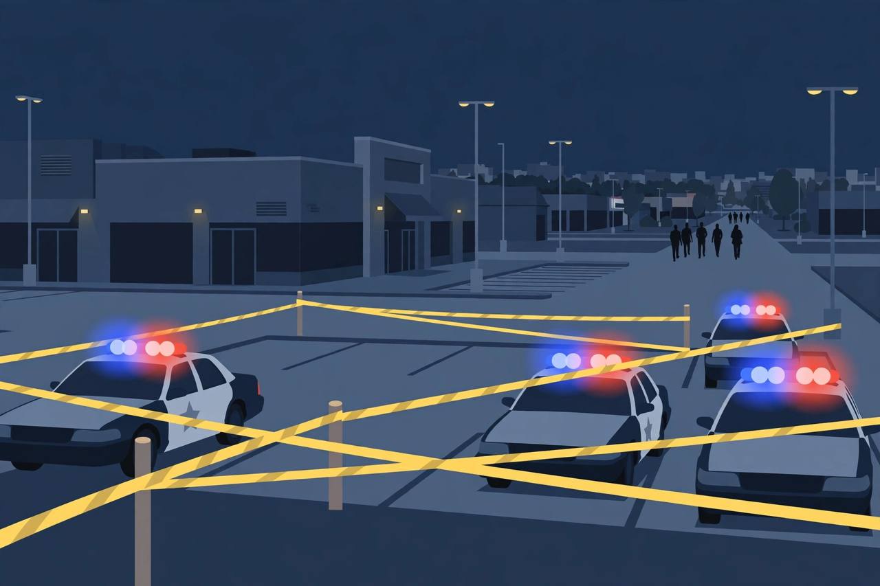 Editorial illustration of a night-time business parking lot in Muncie, Indiana, with police cars and crime-scene tape; no incident is depicted