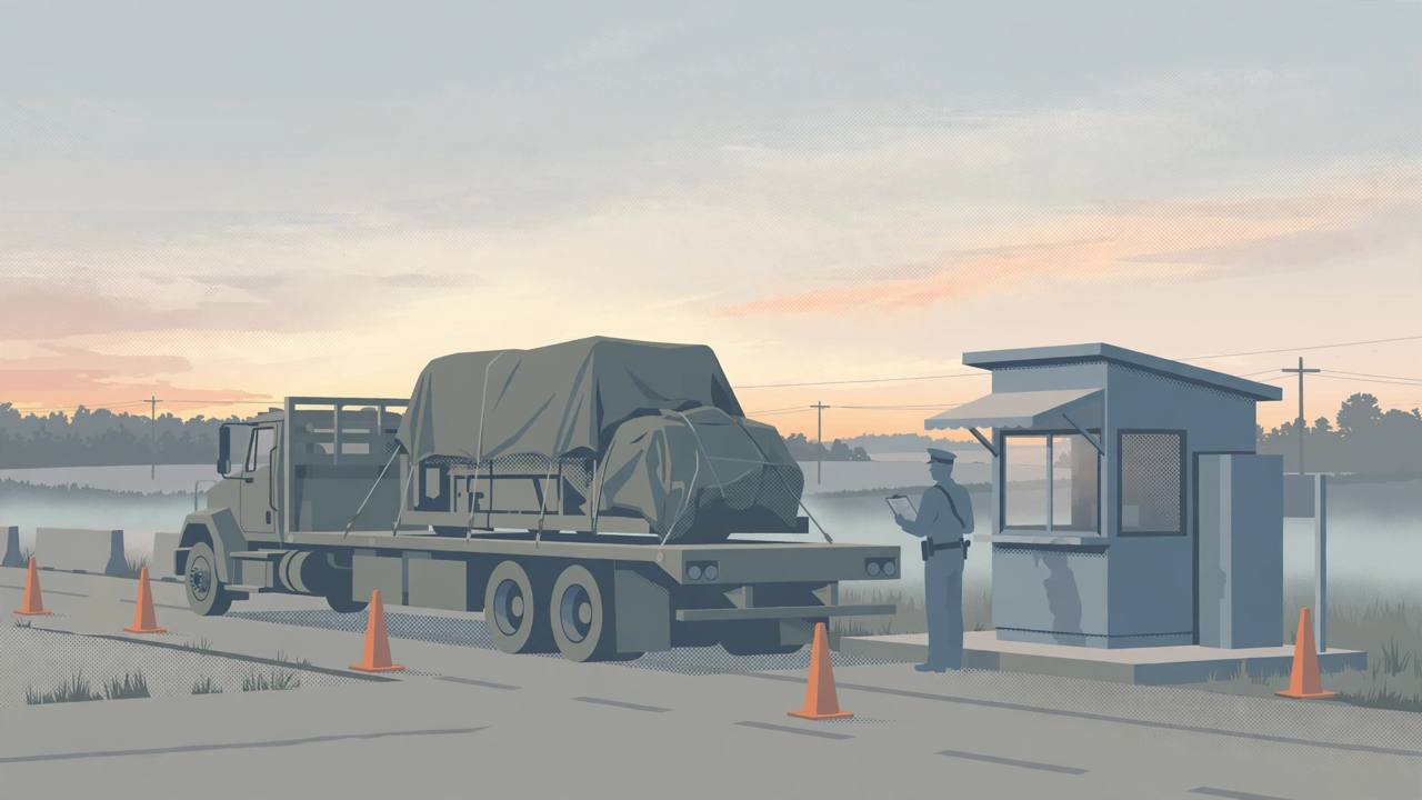 Editorial illustration of an oversized flatbed truck stopped at an interstate inspection area at dawn with a generic trooper holding a clipboard, flat style, no text, no real person depicted