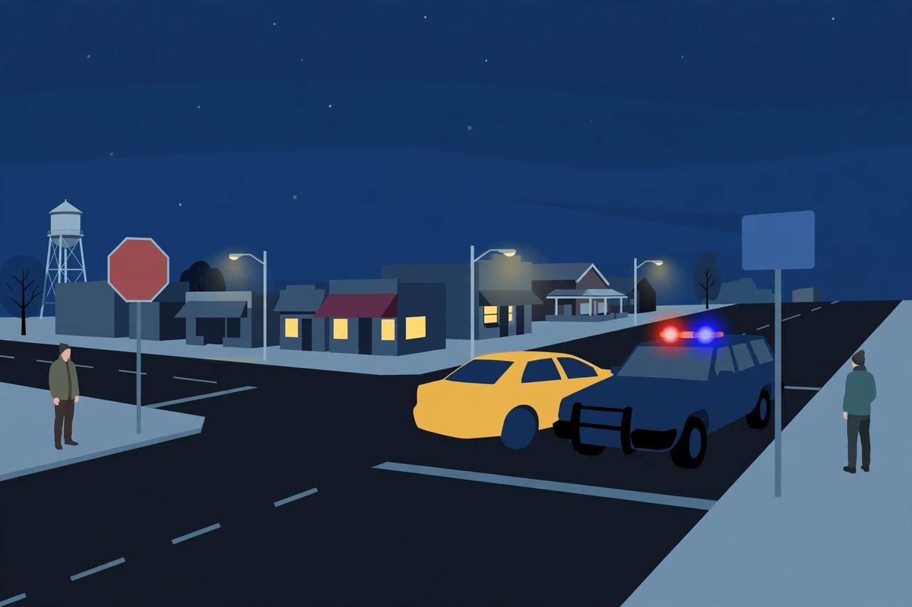 Editorial illustration of a generic small-town Indiana intersection at night with a patrol car stopped beside a generic sedan, flat style, no real person, no text