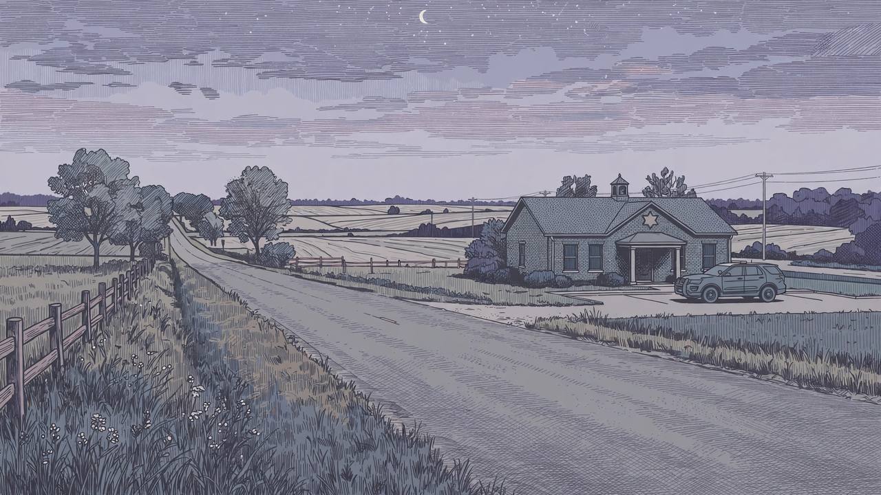 Editorial illustration of a quiet rural Indiana road and a small sheriff's office building at dusk — no real person is depicted and the incident itself is not shown