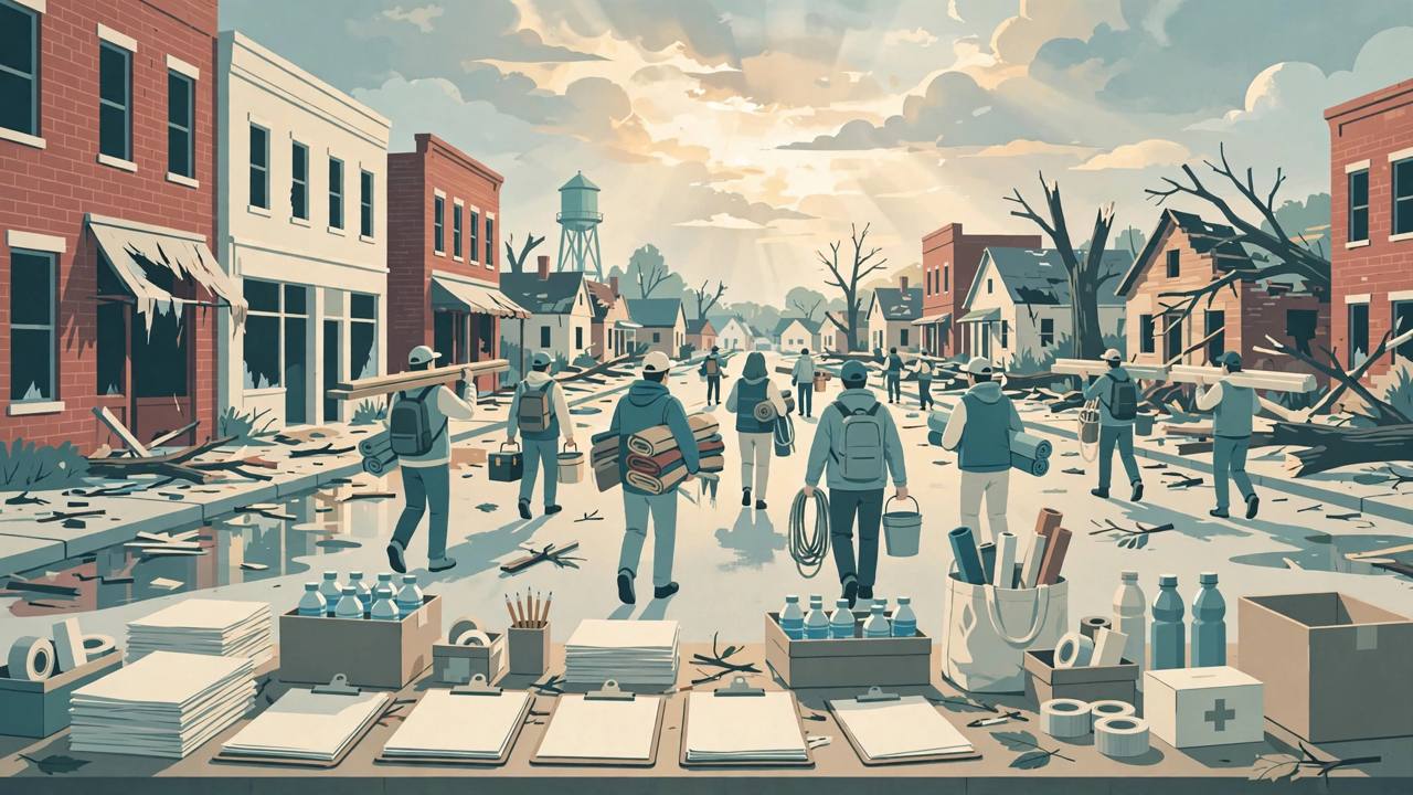 Editorial illustration of an Indiana main street where neighbours and aid workers help repair storm-damaged homes and a small business