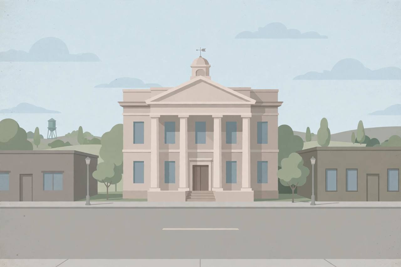 Editorial illustration of a generic county courthouse in an Indiana city, no people or incident depicted