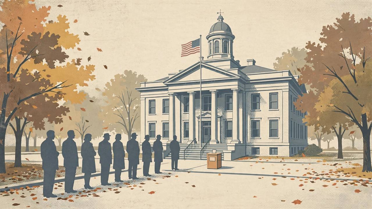 Editorial illustration of an Indiana county courthouse with a ballot box and generic voters queueing outside under an American flag