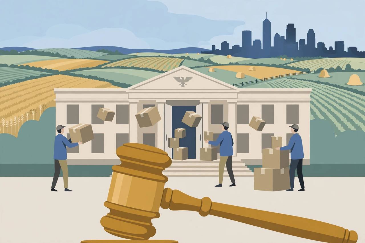 Editorial illustration of a federal agriculture office with paused moving boxes and a gavel, with farmland and Indianapolis in the background