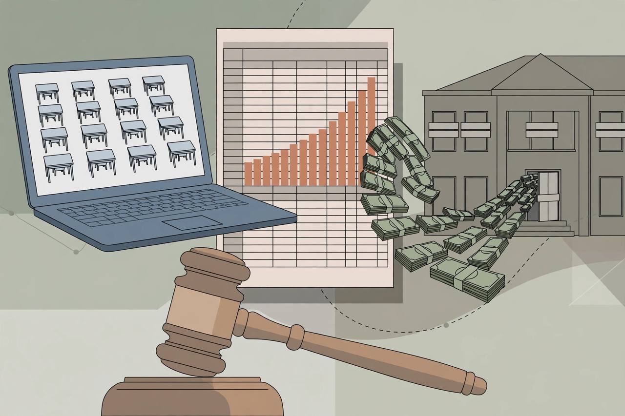 Editorial illustration of an online school fraud trial with a laptop, empty student desks, an inflated spreadsheet and a courtroom gavel