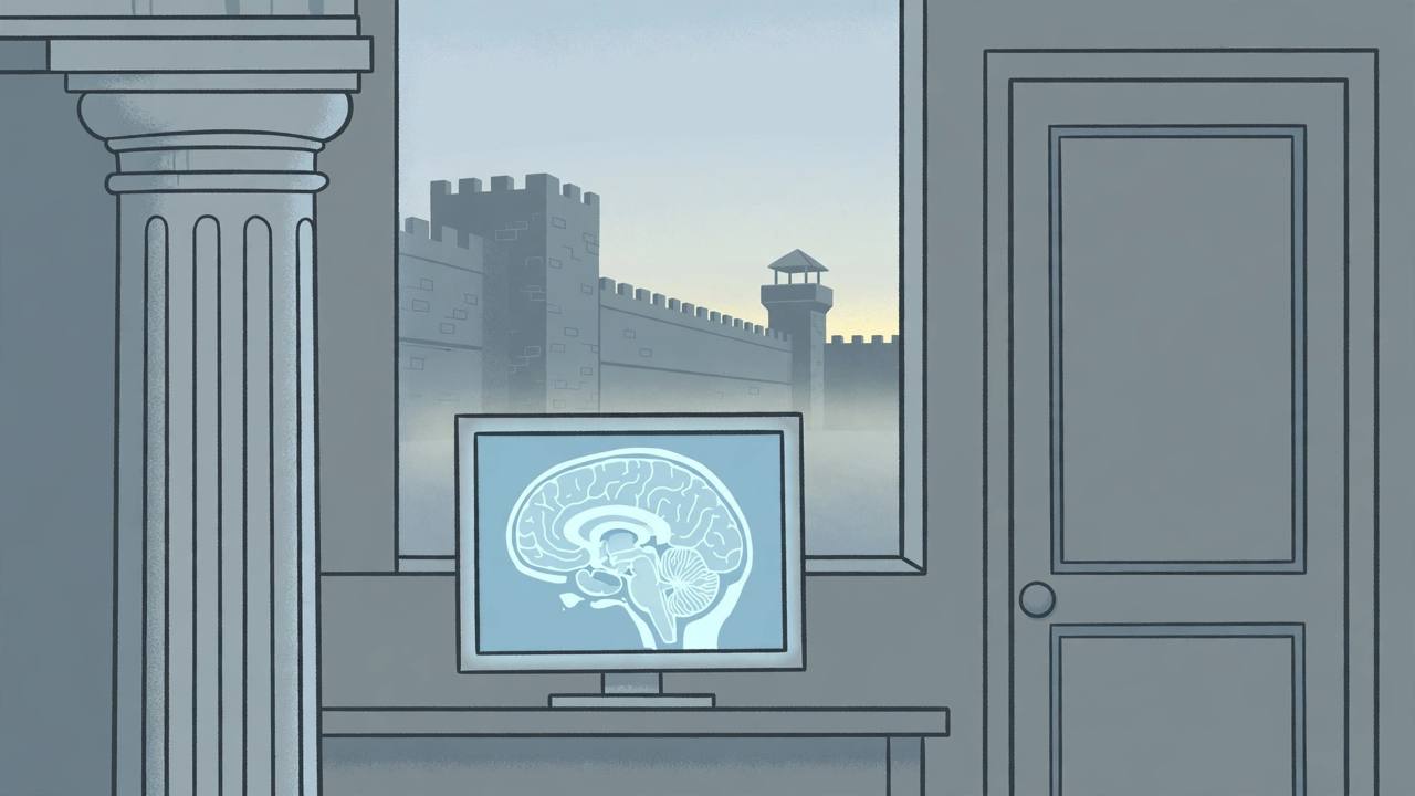 Editorial illustration of a glowing brain-scan image on a computer monitor inside a closed office, a courthouse column beside it and prison walls in dawn light through the window, no people