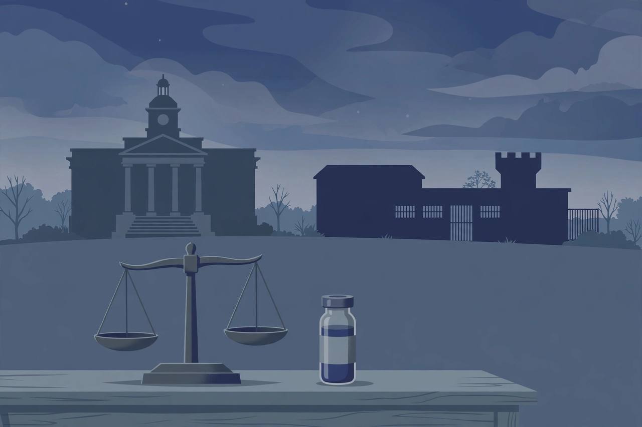 Editorial illustration of a somber courthouse and prison silhouette in Indiana at dusk, with a balance scale and a sealed medical vial as generic symbols of a lethal-injection legal review