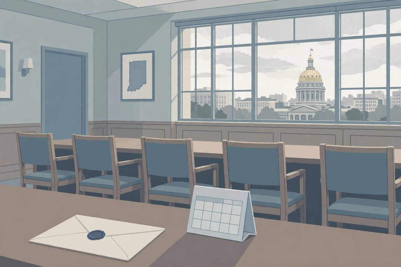 Editorial illustration of an Indiana parole board hearing room with five empty chairs, a sealed envelope and the Statehouse dome through a window
