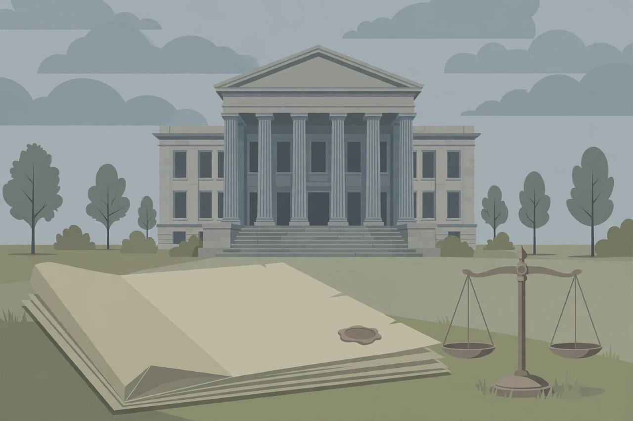Editorial illustration of a generic state courthouse with columns, a legal document and scales of justice, flat style, no people depicted