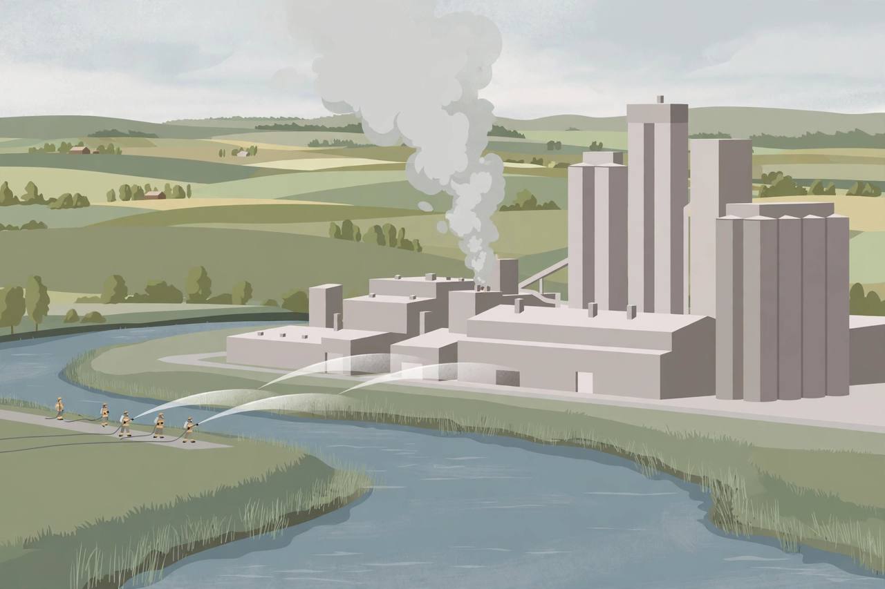 Editorial illustration of a large cereal mill beside a river in Iowa with smoke rising and firefighters at a distance