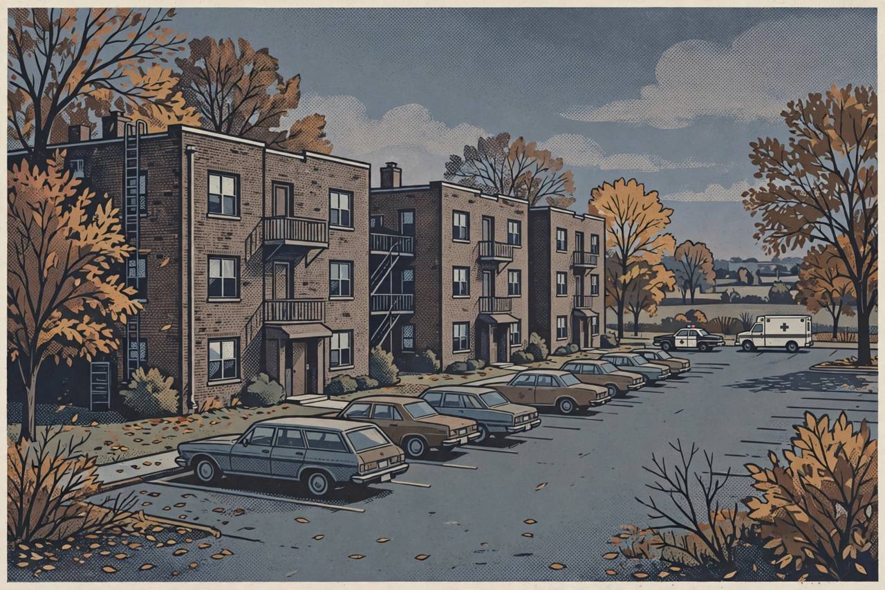Editorial illustration of a brick apartment complex in Iowa at dusk with a police car and an ambulance in the parking lot, flat style, no real person depicted