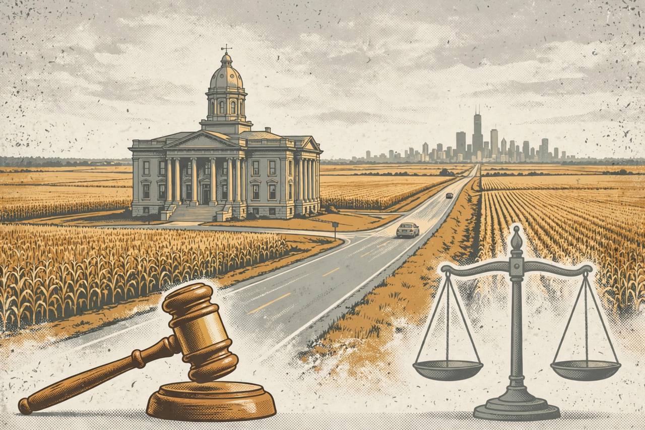 Editorial illustration of an Iowa courthouse with a gavel and scales of justice, a highway running toward Chicago past cornfields behind