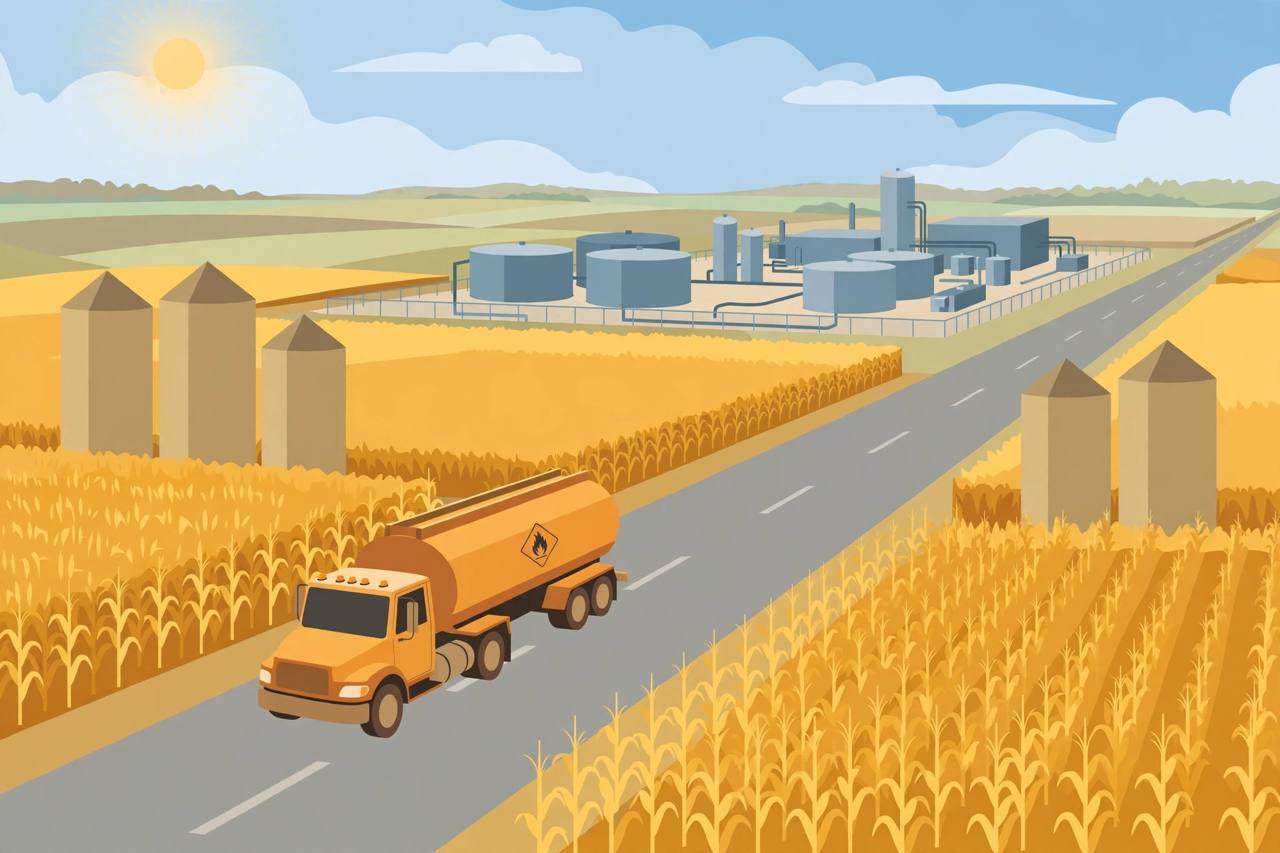 Editorial illustration of a fuel tanker truck on an Iowa highway at harvest time, passing golden cornfields and grain silos with a fuel terminal in the distance