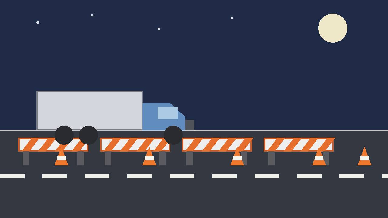 Editorial illustration of a generic interstate highway at night with closed lanes marked by barriers and cones and a generic semi truck using an open lane, flat style, no text, no logos, no real place depicted