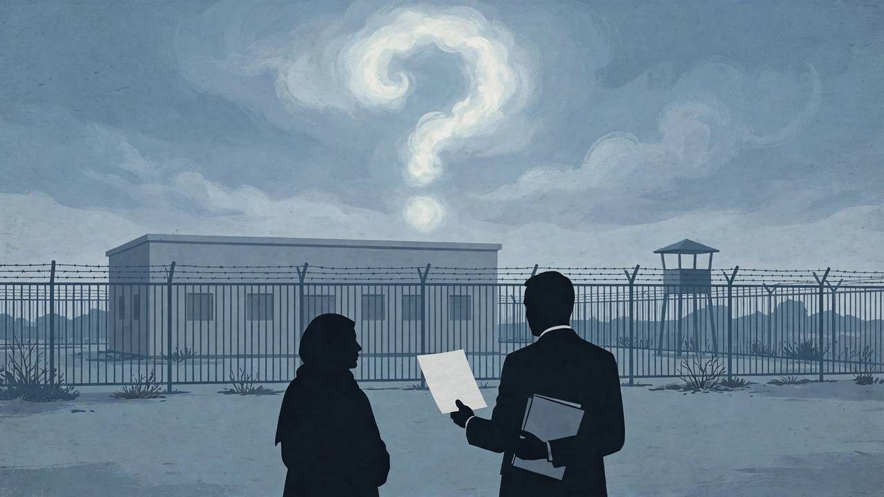 Editorial illustration of generic silhouetted figures of a mother and a lawyer holding documents outside a fenced detention centre, with a question mark formed in the clouds, flat style, no real person or place depicted, no text