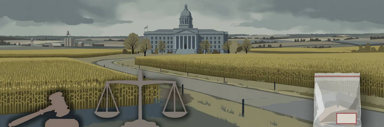 Editorial illustration of an Iowa federal courthouse with a gavel and scales of justice and cornfields behind (Editorial illustration)