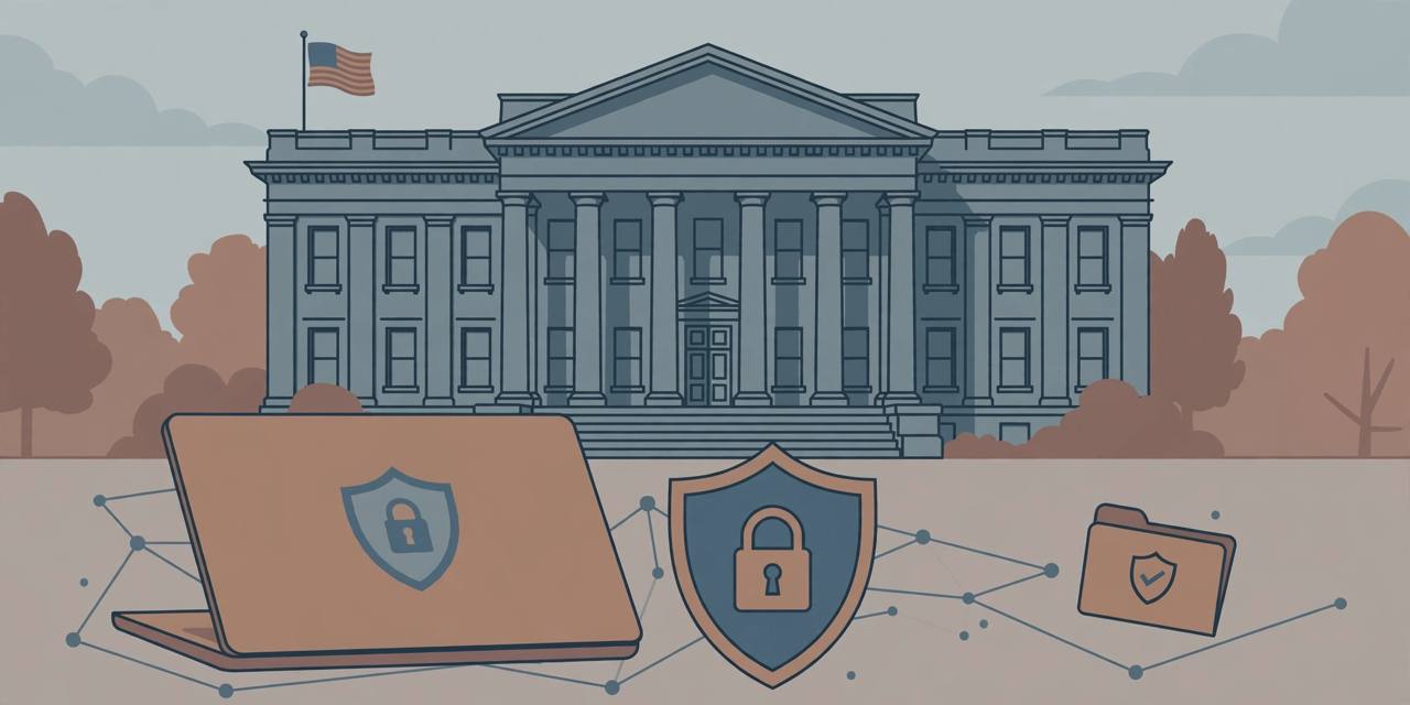 Editorial illustration of an Iowa federal courthouse with a protective shield and a closed laptop in the foreground
